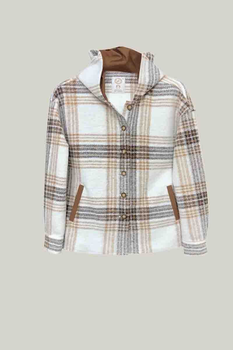 Kadın Kareli Kapüşonlu Ceket – Bej/Kahverengi