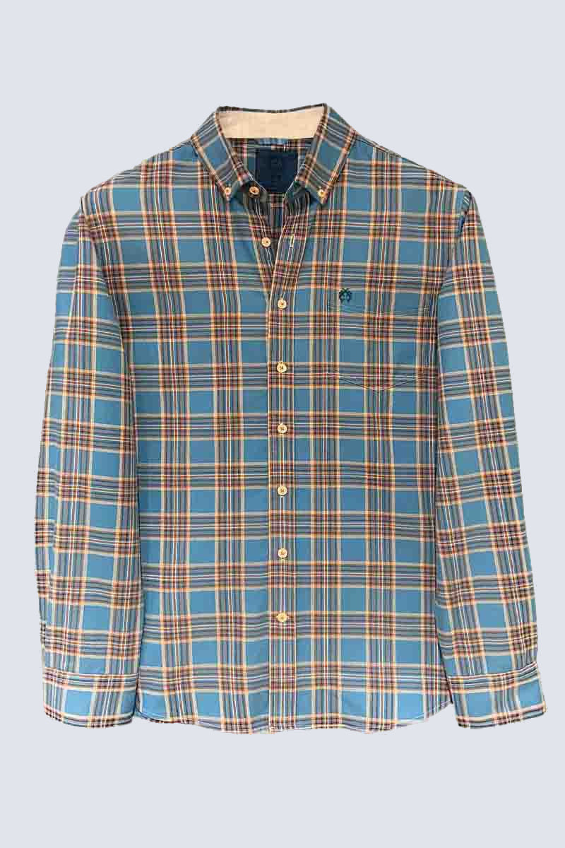 Men's Modern Fit Shirt – Checked Blue Mustard Yellow 100% Cotton