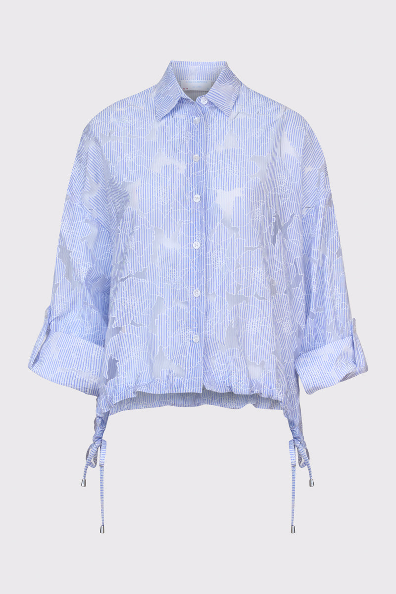 Blouse in a viscose-polyamide blend with a pattern and drawstring hem (long sleeves)