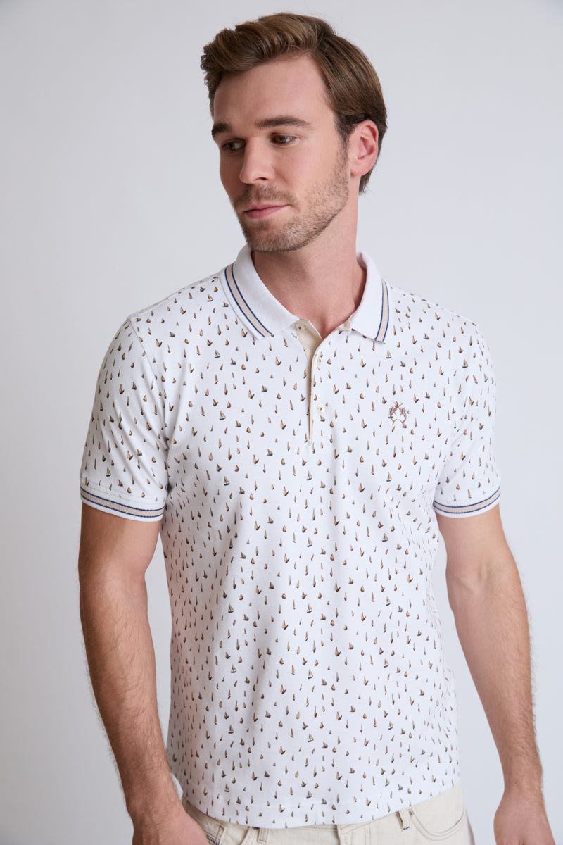Cotton-elastane polo shirt with all-over print (short sleeve)