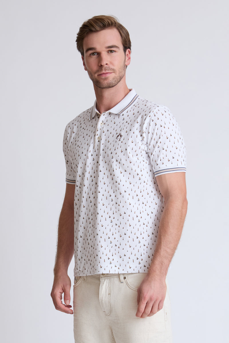 Cotton-elastane polo shirt with all-over print (short sleeve)