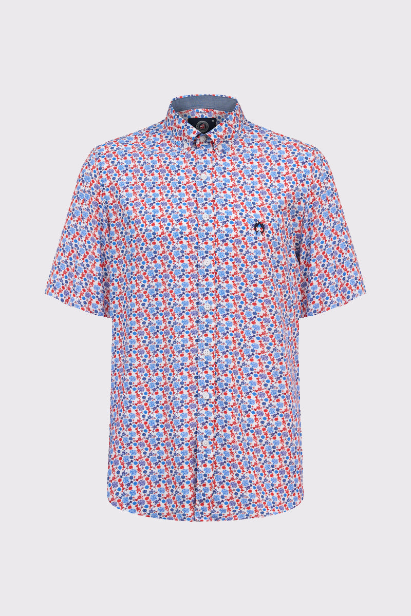 Short-sleeved cotton button-down shirt with all-over print – Yachting Edition