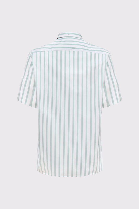 Short-Sleeve Button-Down Shirt with Stretch – Striped White/Light Green (Modern Fit)