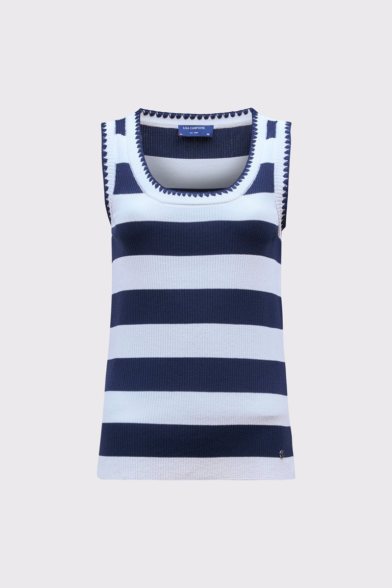 Sleeveless viscose-polyamide blend knit top with stripes
