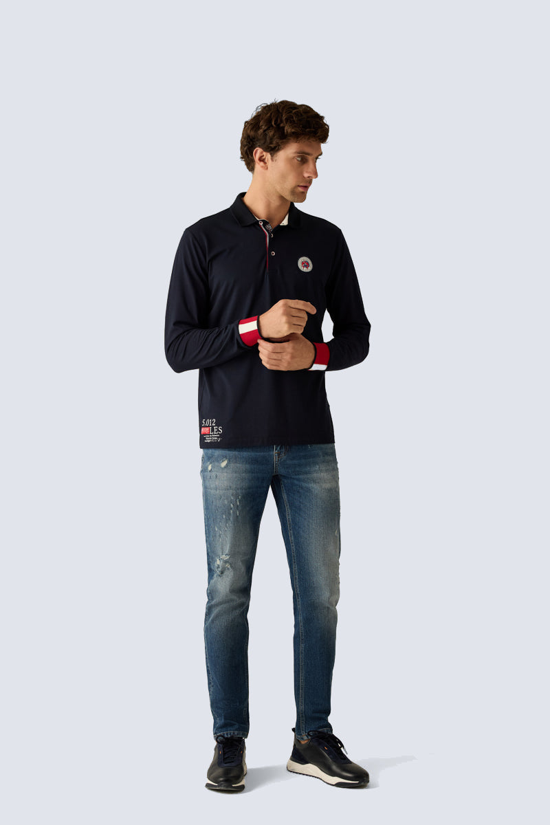 Men's navy polo shirt with long sleeves