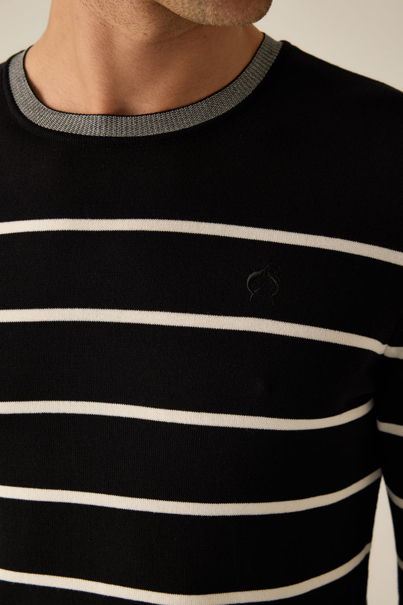 Herren-Rundhalspullover – Gestreift mit kontrastierendem Kragen, rmeln und Saum, maskulin und stilvoll.