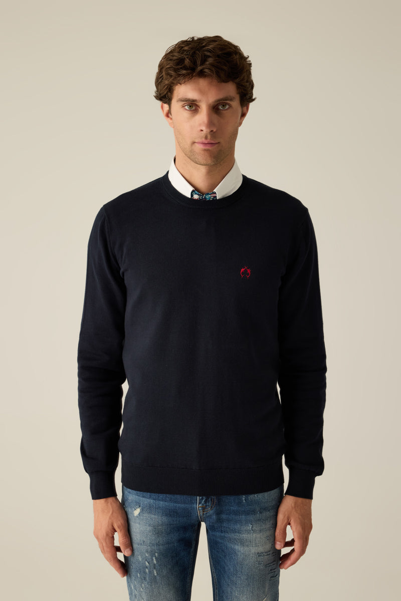 Herren Pullover Navy Rundhals Red Logo