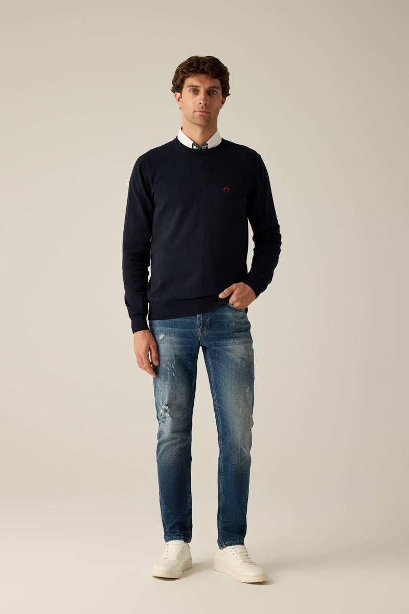 Herren Pullover Navy Rundhals Red Logo
