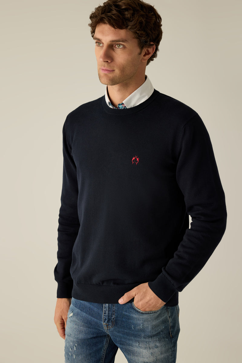 Herren Pullover Navy Rundhals Red Logo