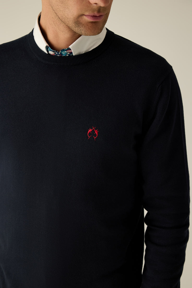 Herren Pullover Navy Rundhals Red Logo