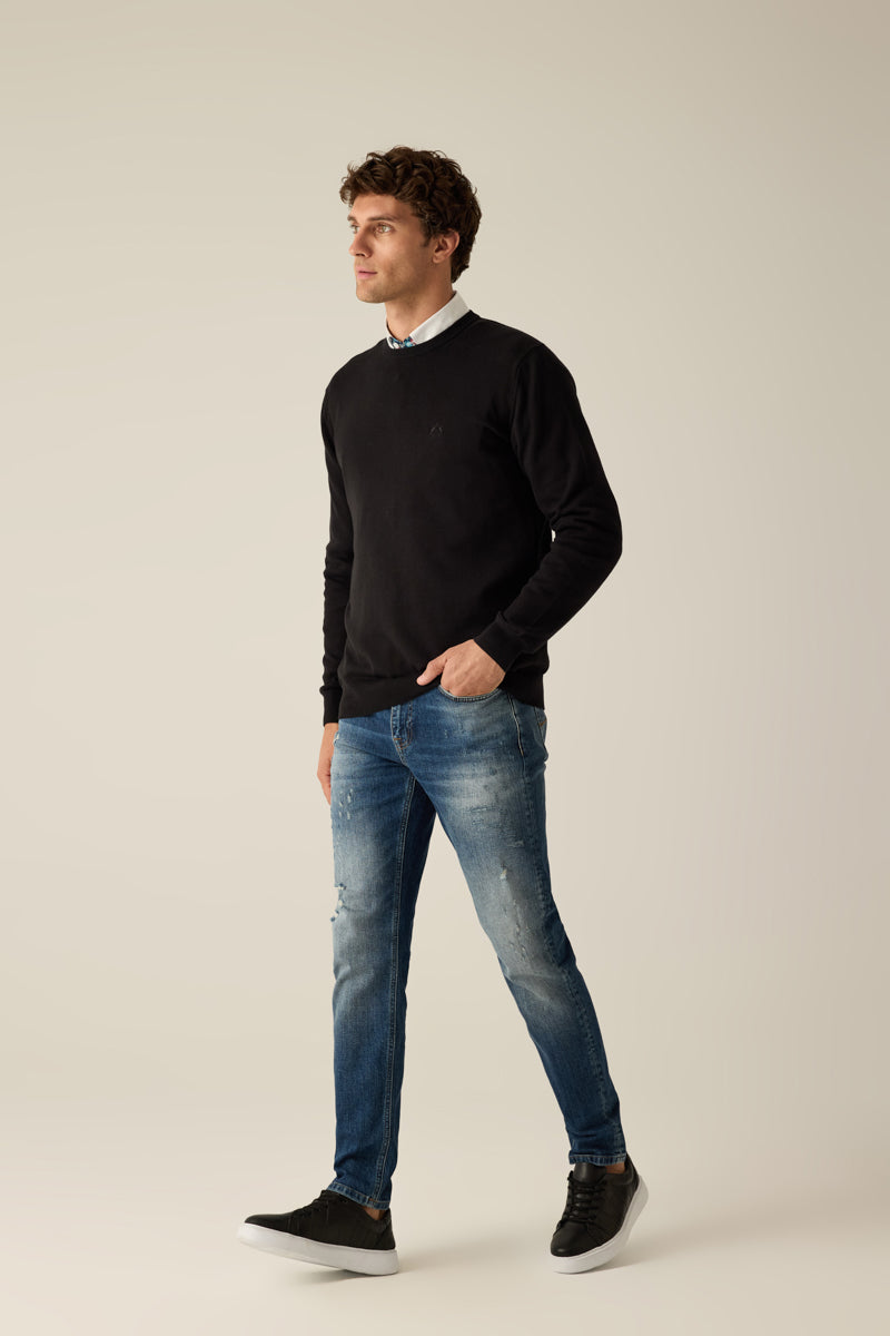 Herren Pullover Black Rundhals Ton-in-Ton Logo