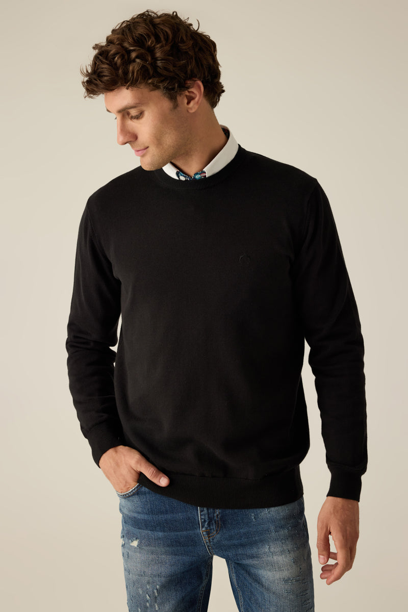 Herren Pullover Black Rundhals Ton-in-Ton Logo