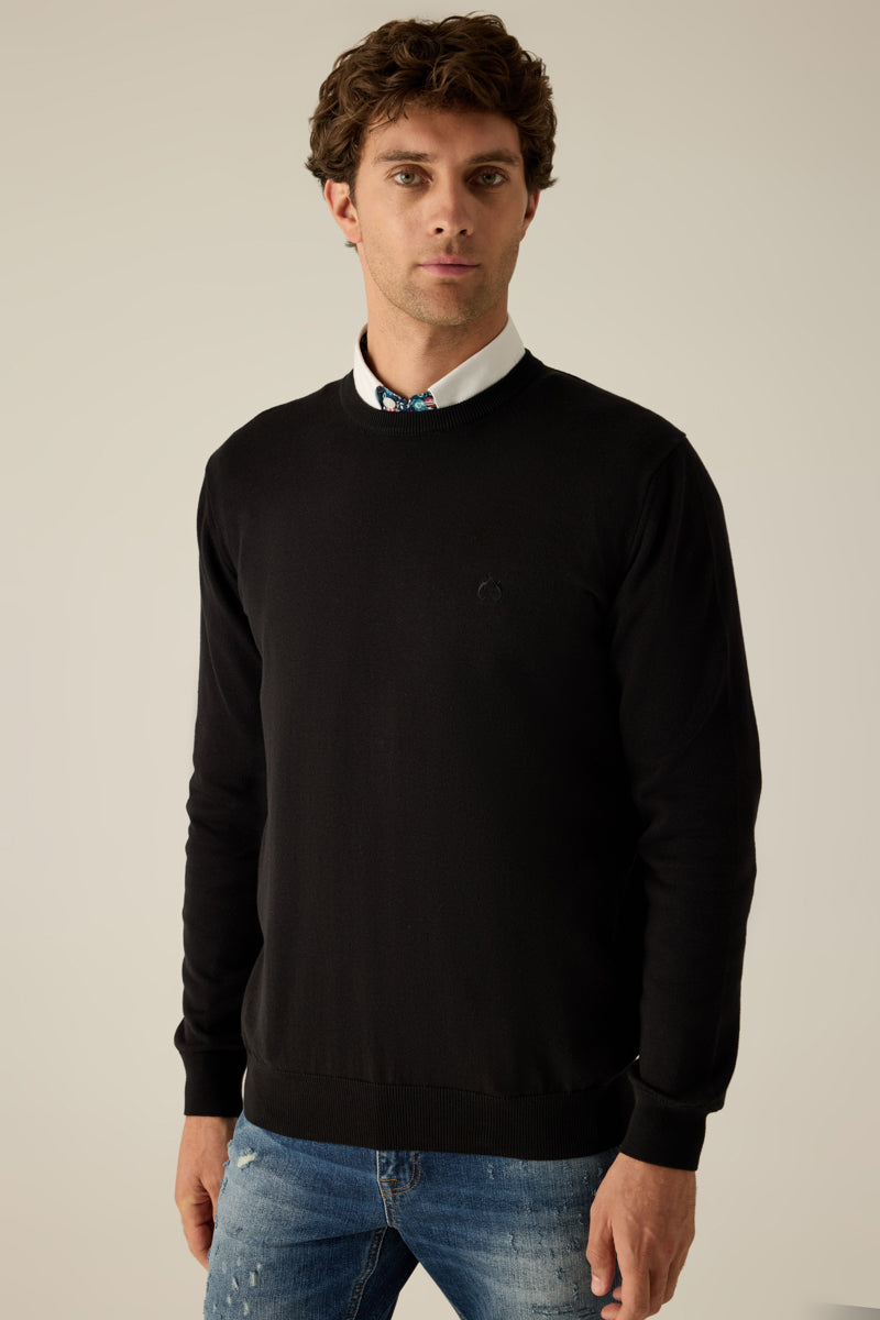 Herren Pullover Black Rundhals Ton-in-Ton Logo