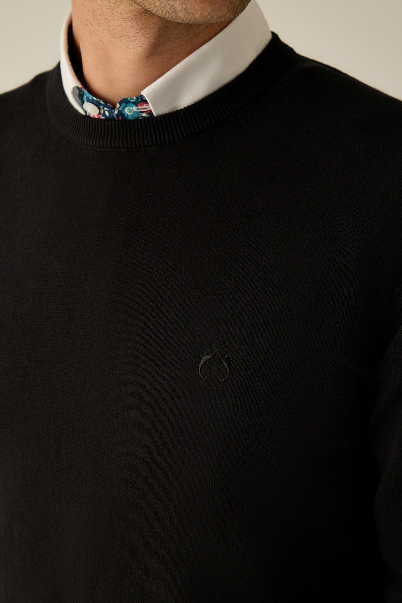 Herren Pullover Black Rundhals Ton-in-Ton Logo