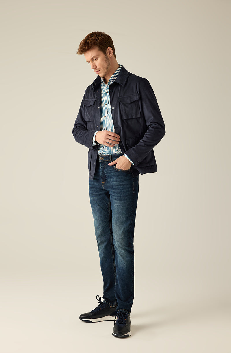 Herren Safarijacke Navy – Veloursleder-Optik