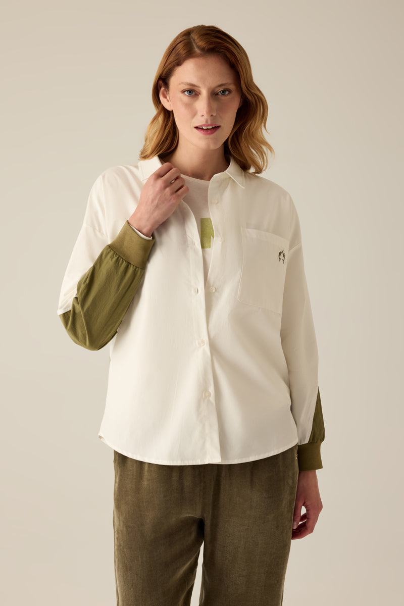 Damen Hemdbluse Zweifarbig – Creme & Khaki