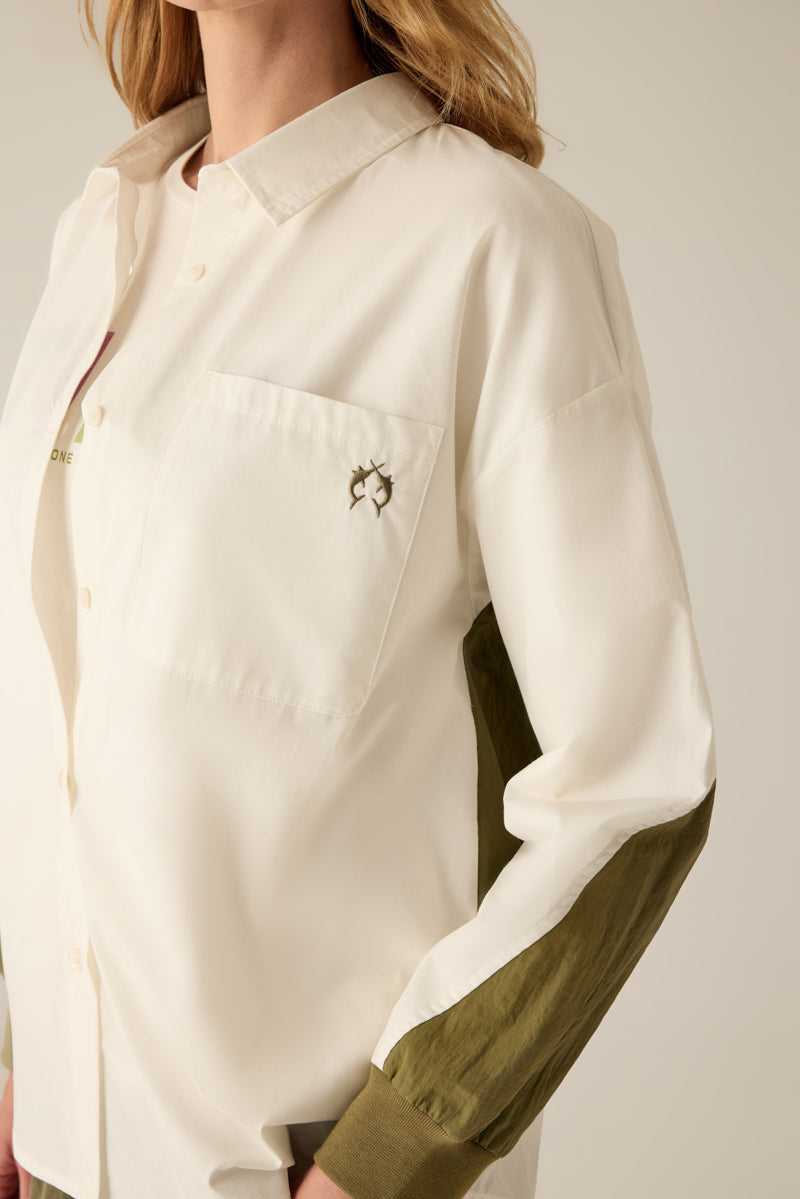 Damen Hemdbluse Zweifarbig – Creme & Khaki