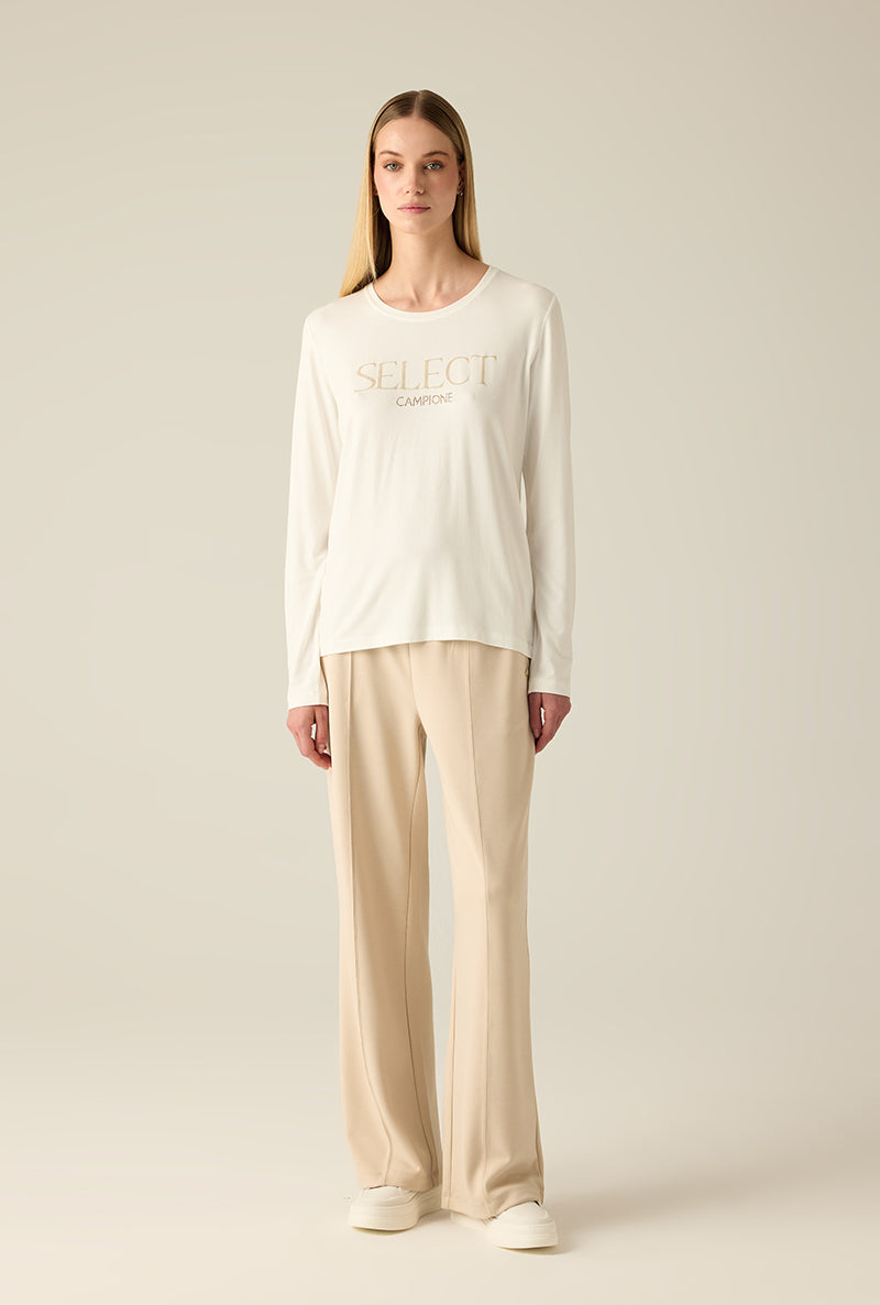 Logo işlemeli krem rengi kadın bluzu