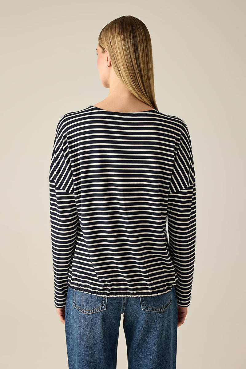 Navy-gestreiftes Ringelshirt mit Stickerei, überschnittenen Schultern & Kordelzugsaum.