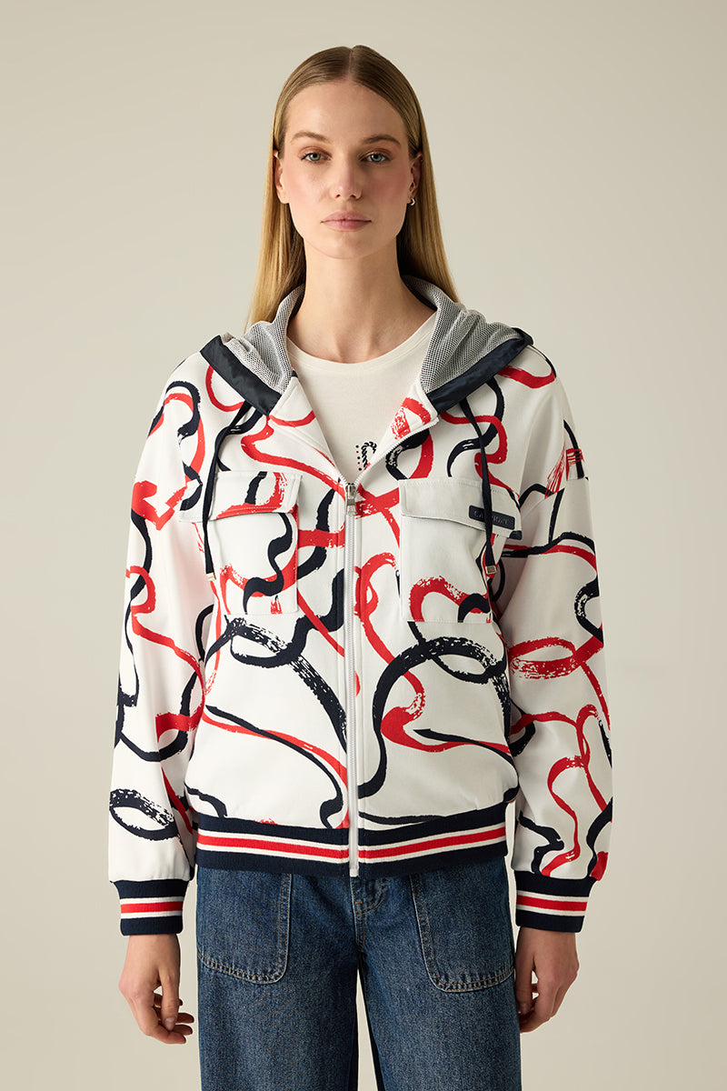 Damen-Kapuzenjacke aus Sweat mit Kontrastbündchen, File-Einsatz & maritimem Druck.