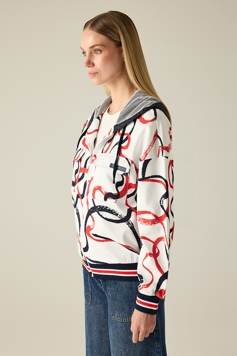 Damen-Kapuzenjacke aus Sweat mit Kontrastbündchen, File-Einsatz & maritimem Druck.