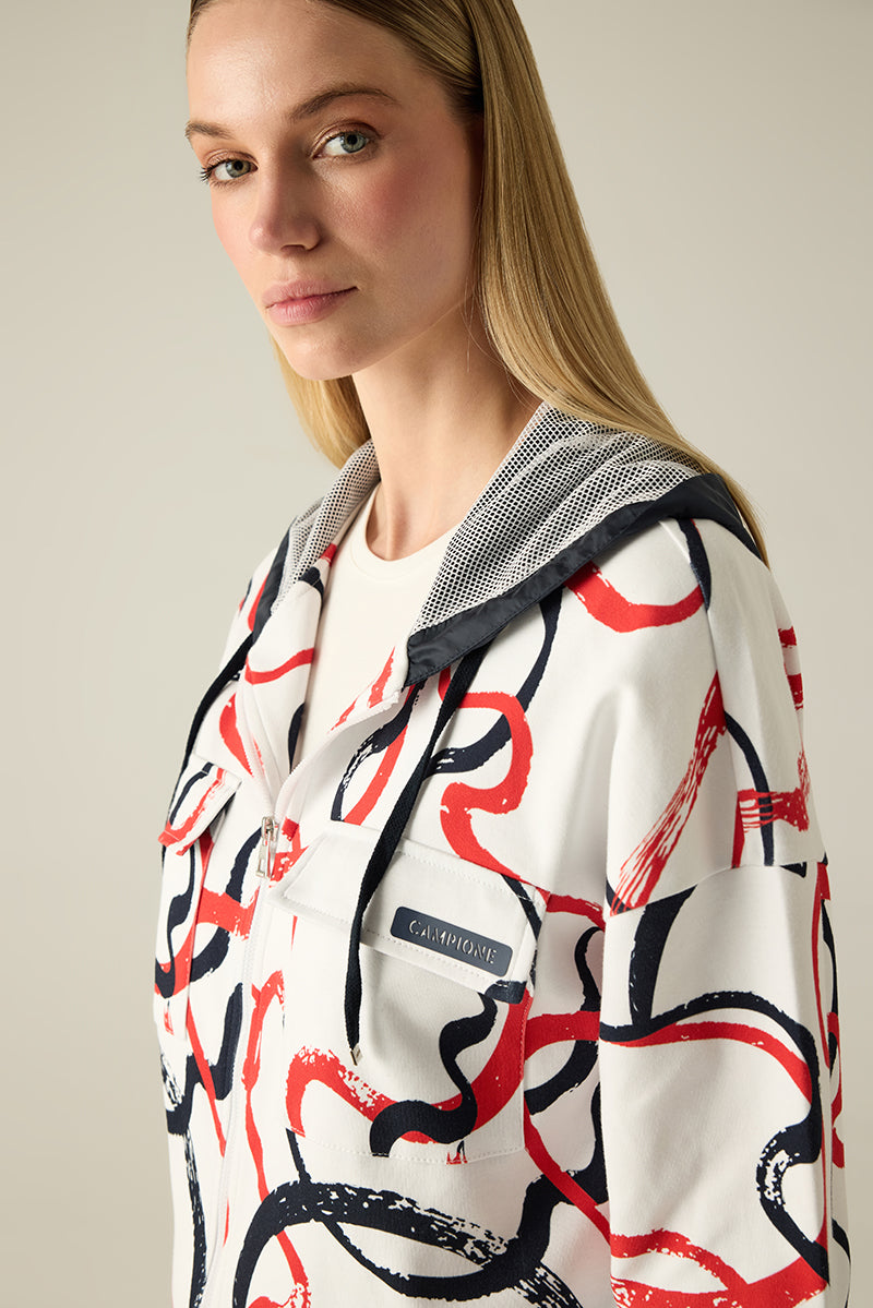 Damen-Kapuzenjacke aus Sweat mit Kontrastbündchen, File-Einsatz & maritimem Druck.