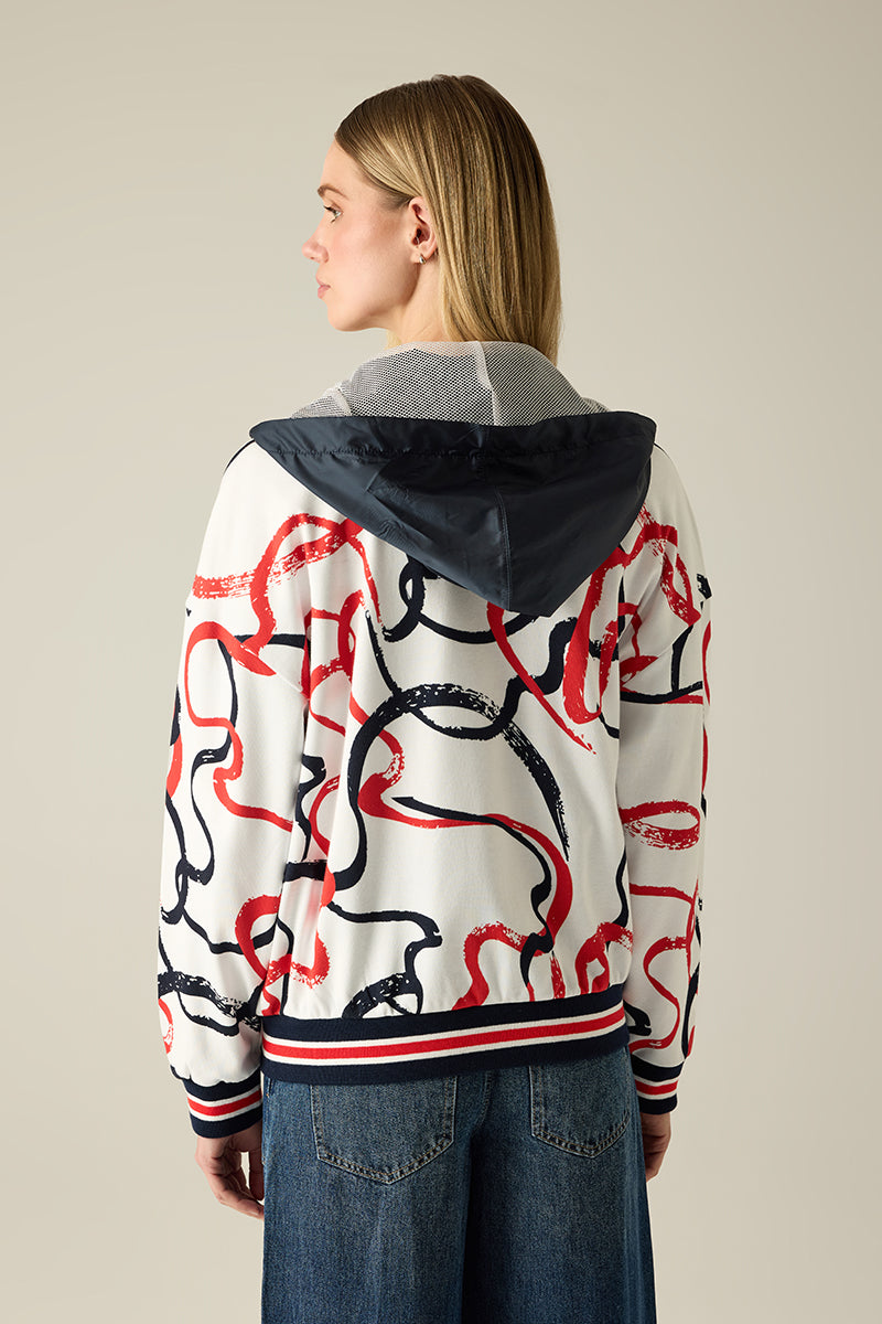 Damen-Kapuzenjacke aus Sweat mit Kontrastbündchen, File-Einsatz & maritimem Druck.