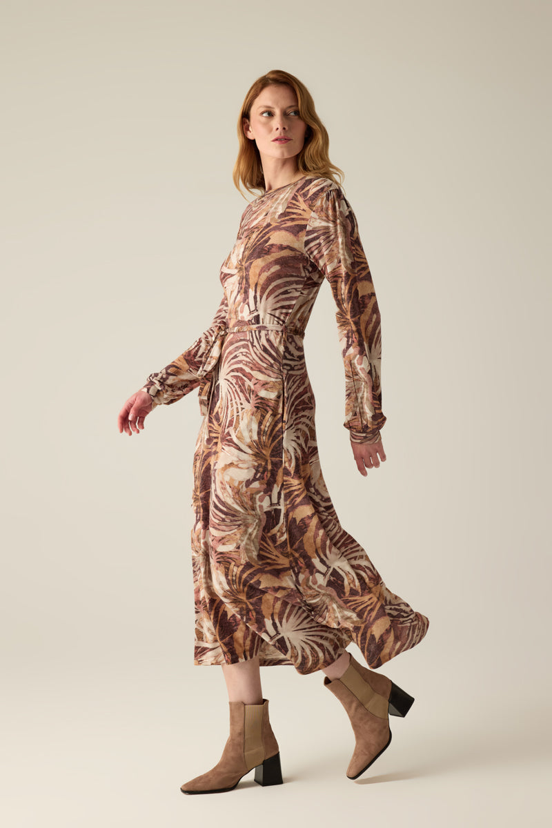 Kadın yaprak desenli elbise – Kahverengi