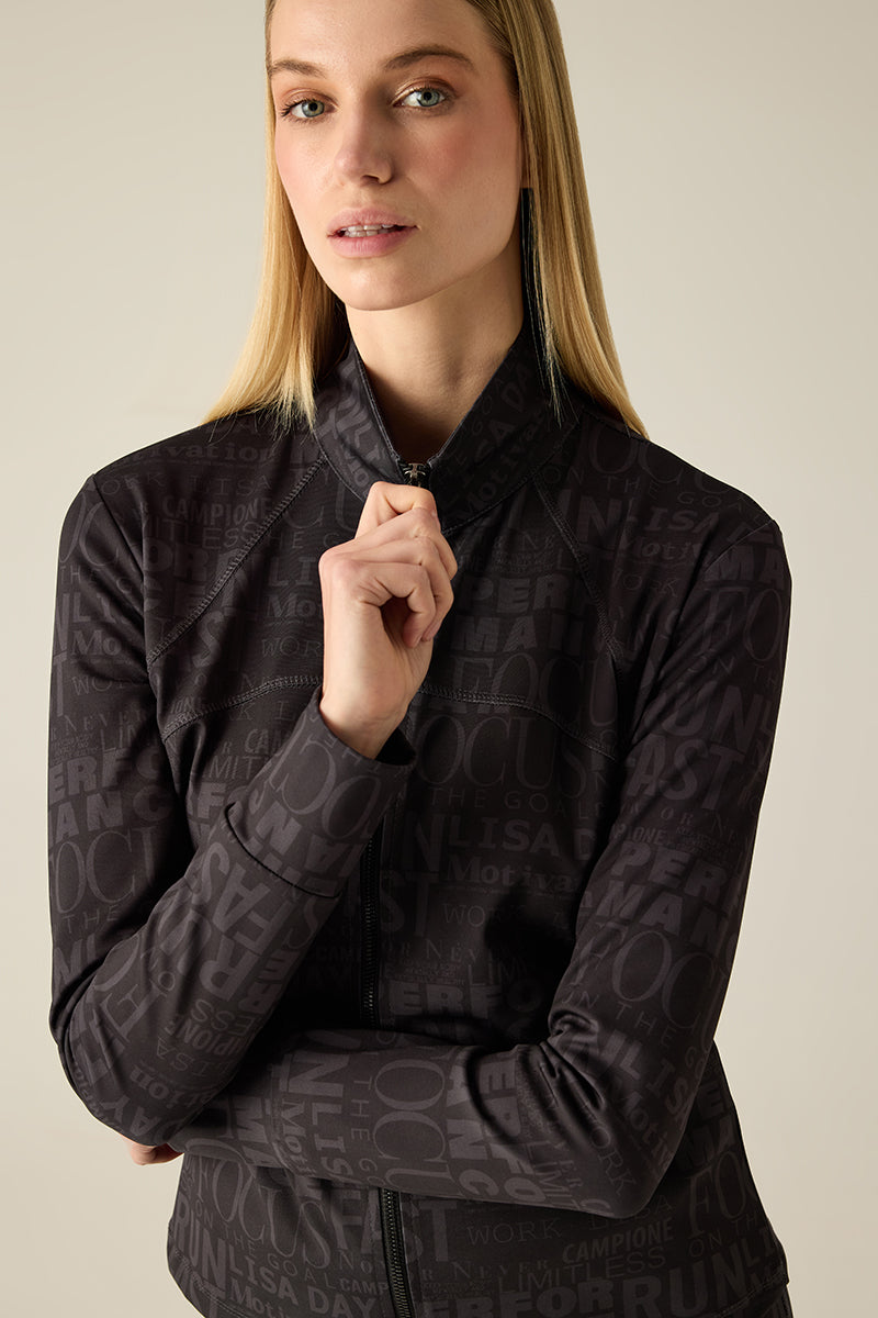 Yazı desenli kadın eşofman ceketi – Siyah