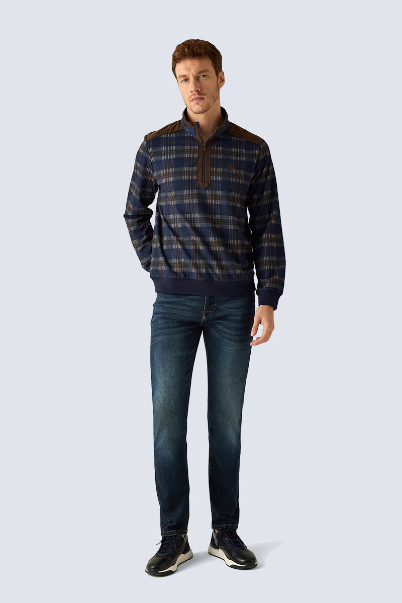 Herren Pullover Kariert – Halbzip mit Velours-Details