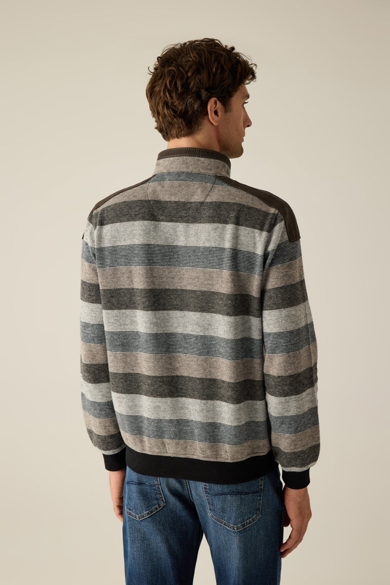 Herren Pullover Grey Gestreift – Halbzip mit Velours-Details