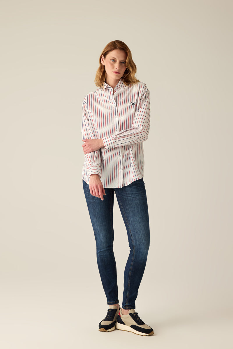 Damen Hemd mit Red-Blue Streifen – White
