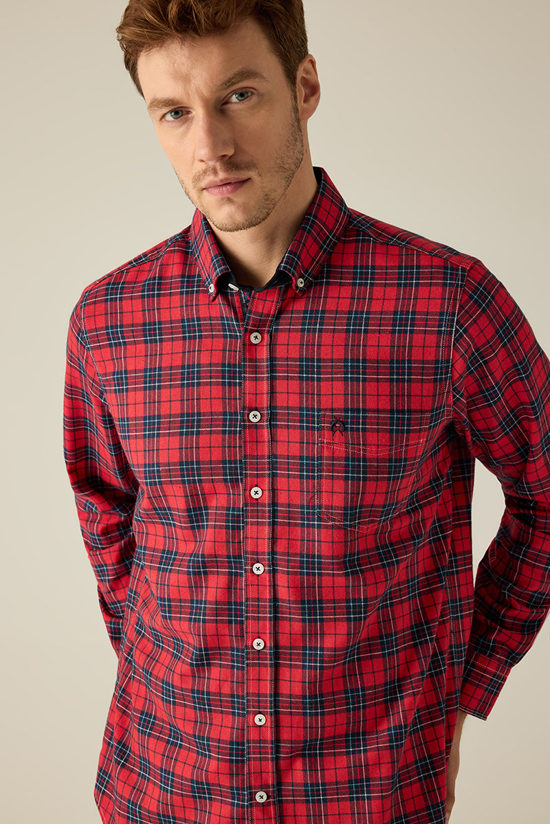 Men's Modern Fit Shirt – Red Check with Cord & Flag Band.