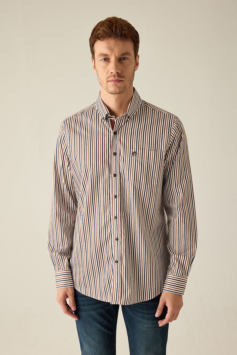 Herren Freizeithemd Regular Fit – Gestreift Mehrfarbig Baumwolle