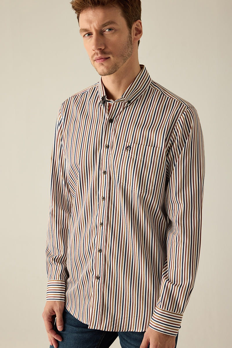 Herren Freizeithemd Regular Fit – Gestreift Mehrfarbig Baumwolle