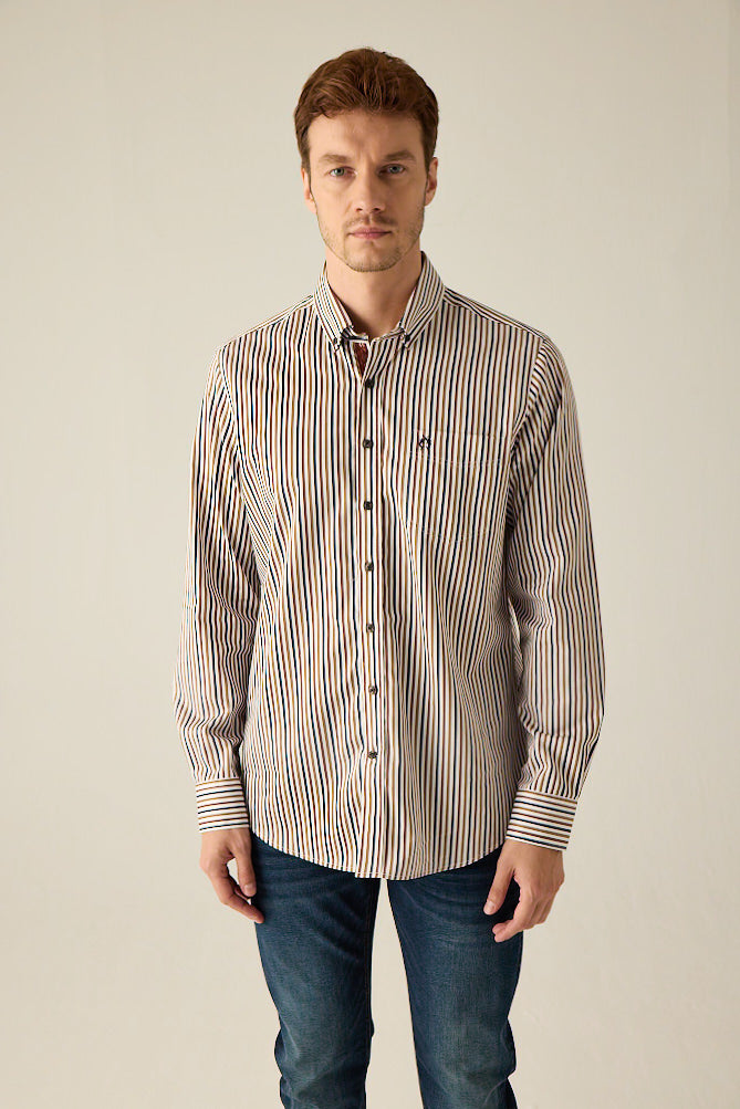 Herren Freizeithemd Modern Fit – Gestreift Mehrfarbig Baumwolle