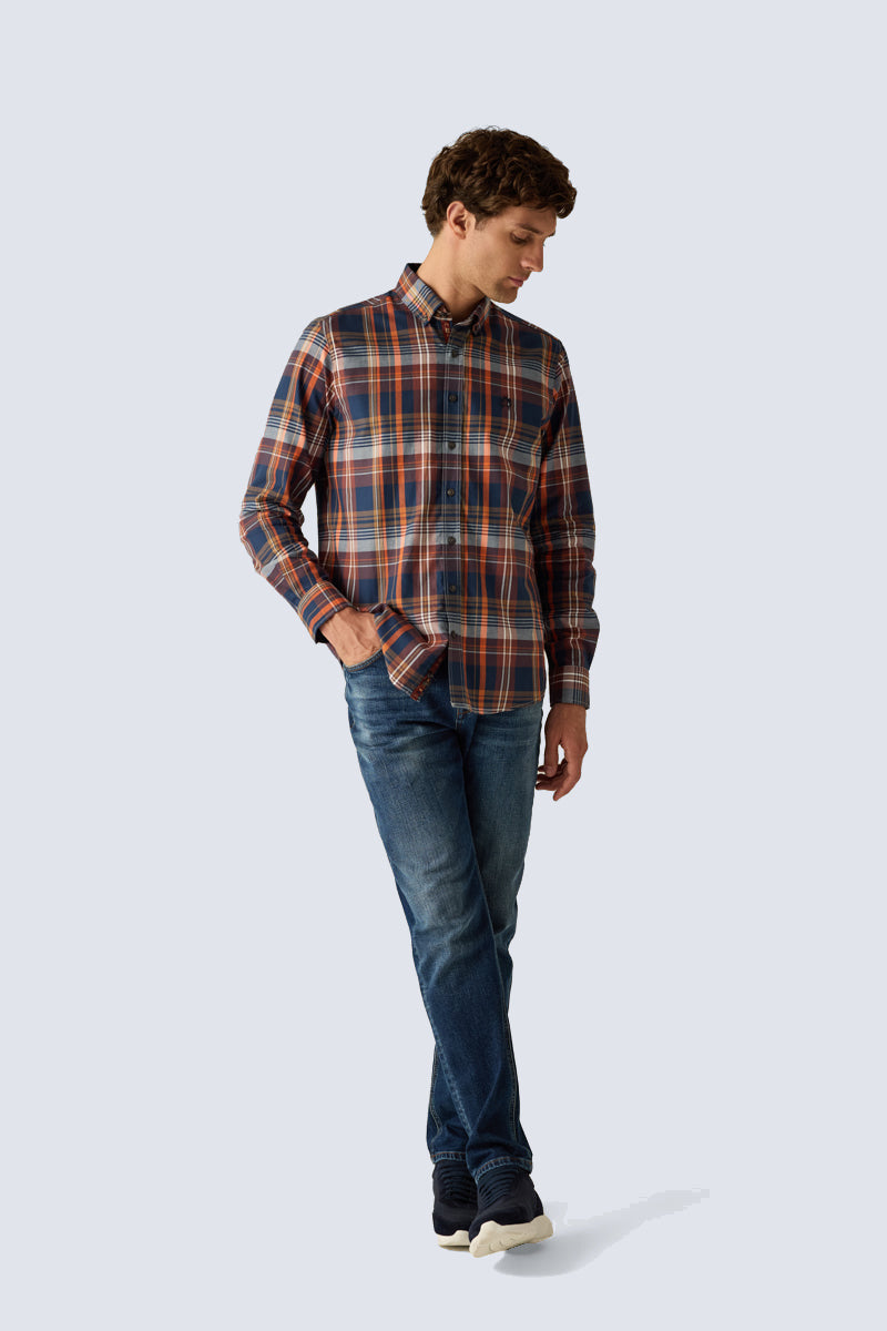Men's Modern Fit Shirt – Checked Brown Orange Cotton