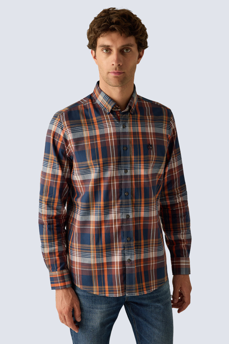 Men's Modern Fit Shirt – Checked Brown Orange Cotton