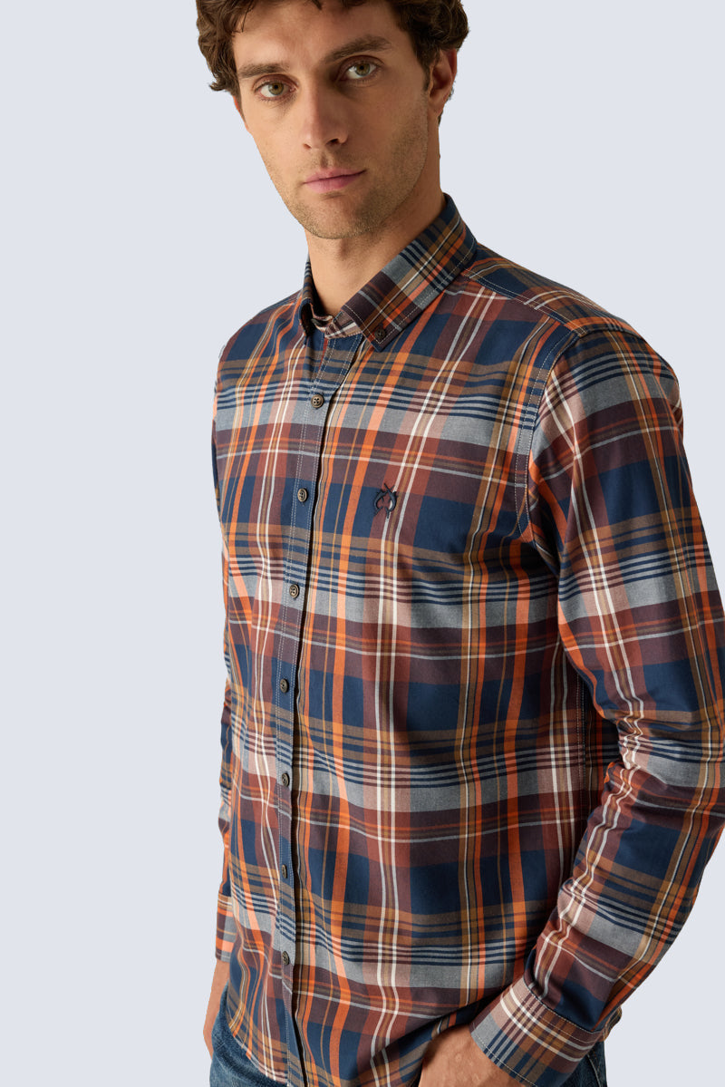 Men's Modern Fit Shirt – Checked Brown Orange Cotton