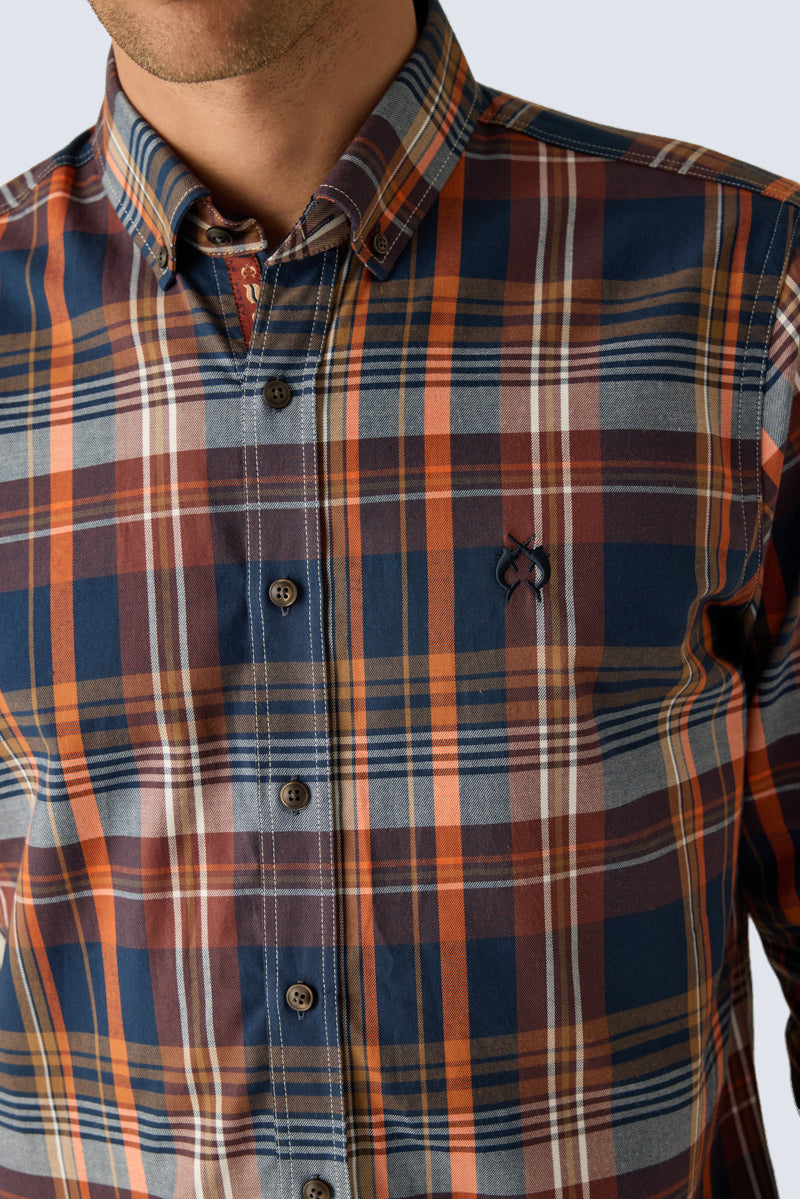 Men's Modern Fit Shirt – Checked Brown Orange Cotton