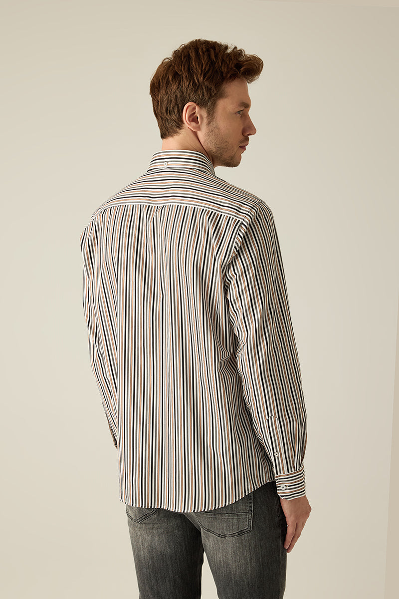 Men's Shirt Modern Fit – Striped Brown Beige Blue 100% Cotton