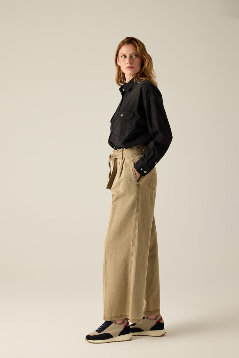 Damen Hose mit Gürtel – Weit geschnitten, Beige
