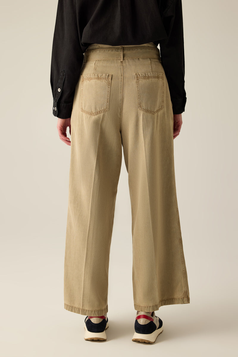 Damen Hose mit Gürtel – Weit geschnitten, Beige