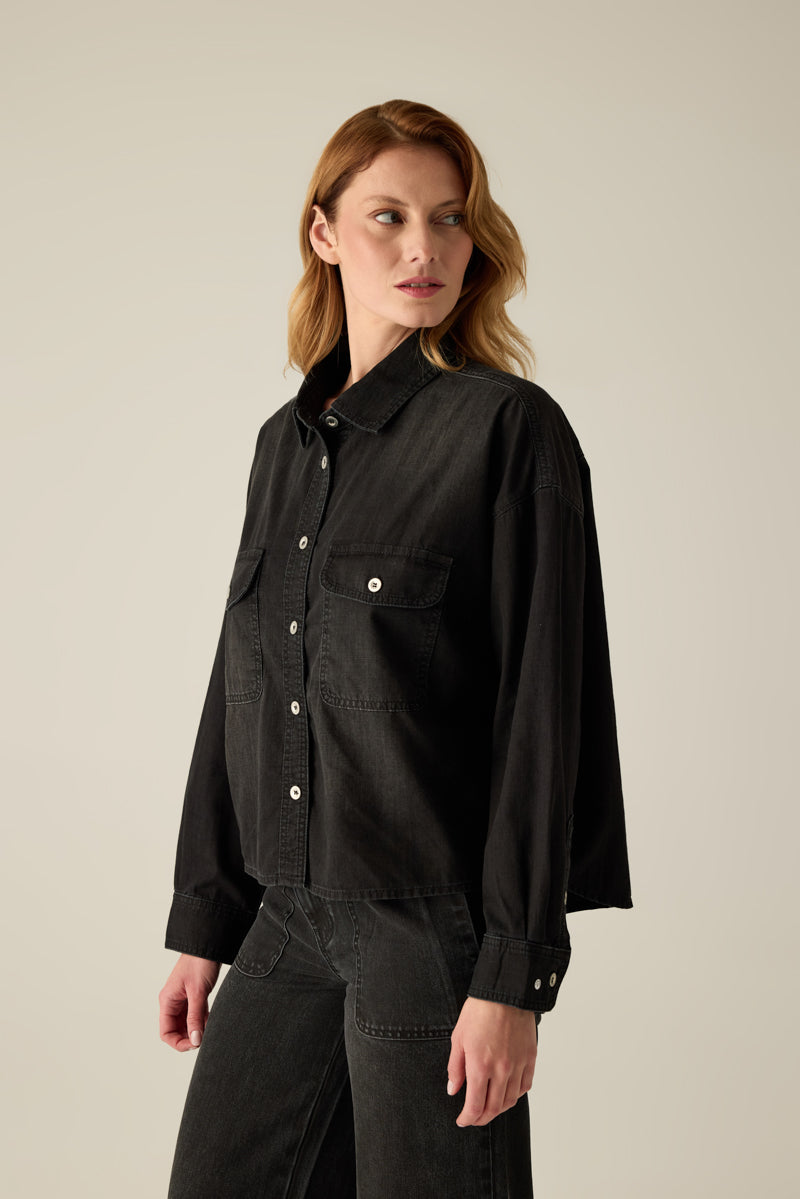 Cepli kadın kot gömlek – Siyah