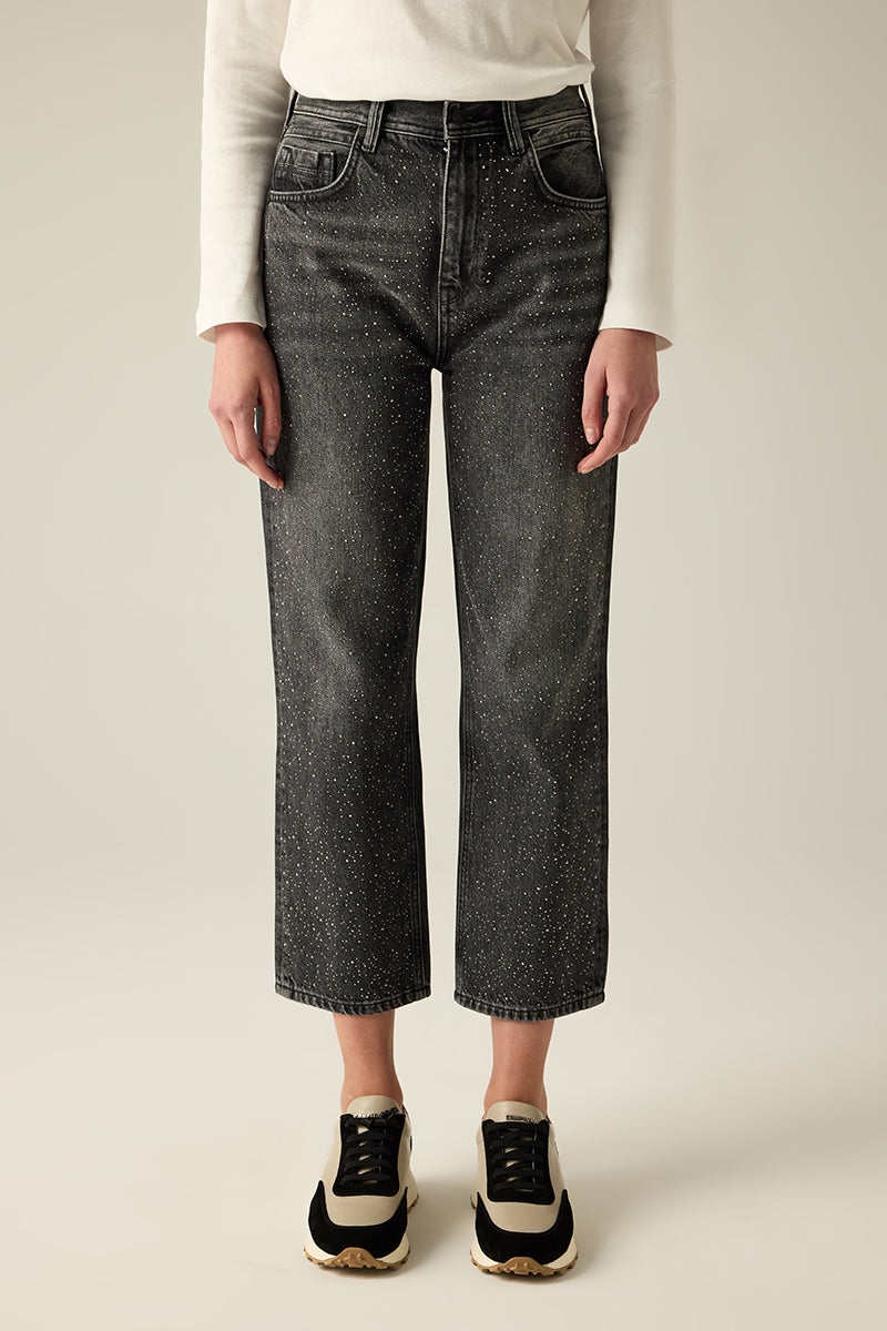 Kadın için yapay elmas detaylı kot pantolon – Siyah