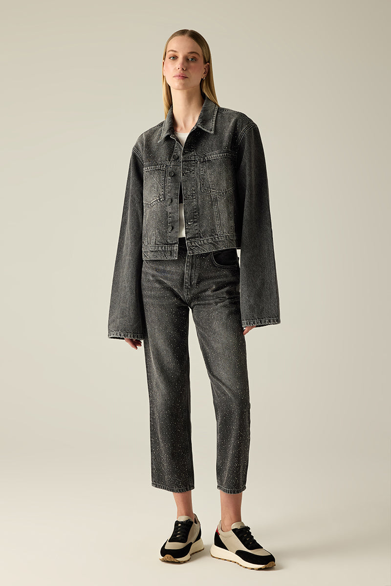 Kadın denim ceket, yapay elmas detaylarıyla – Siyah