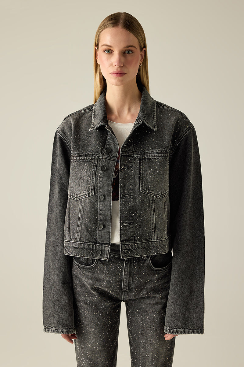 Kadın denim ceket, yapay elmas detaylarıyla – Siyah