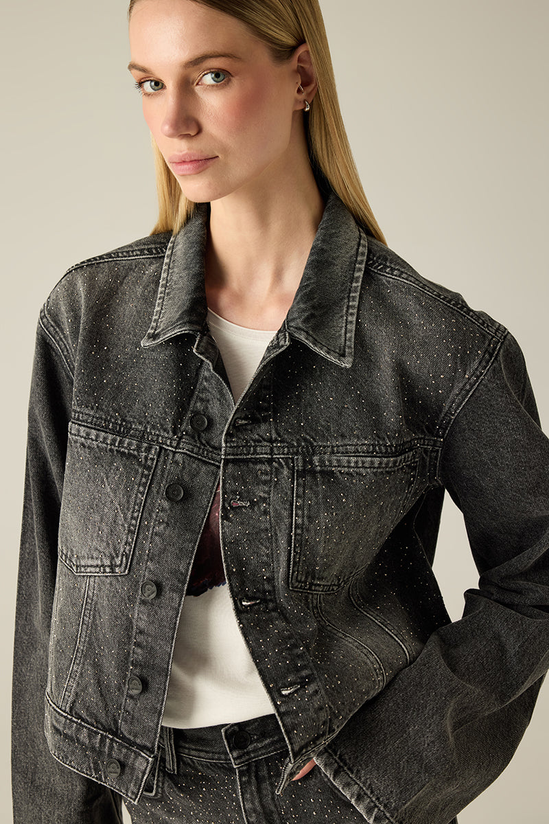 Kadın denim ceket, yapay elmas detaylarıyla – Siyah