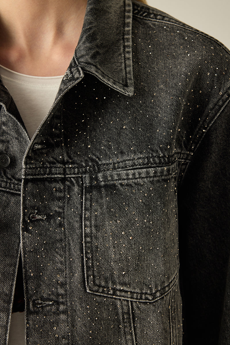 Damen Jeansjacke mit Strassdetails – Black