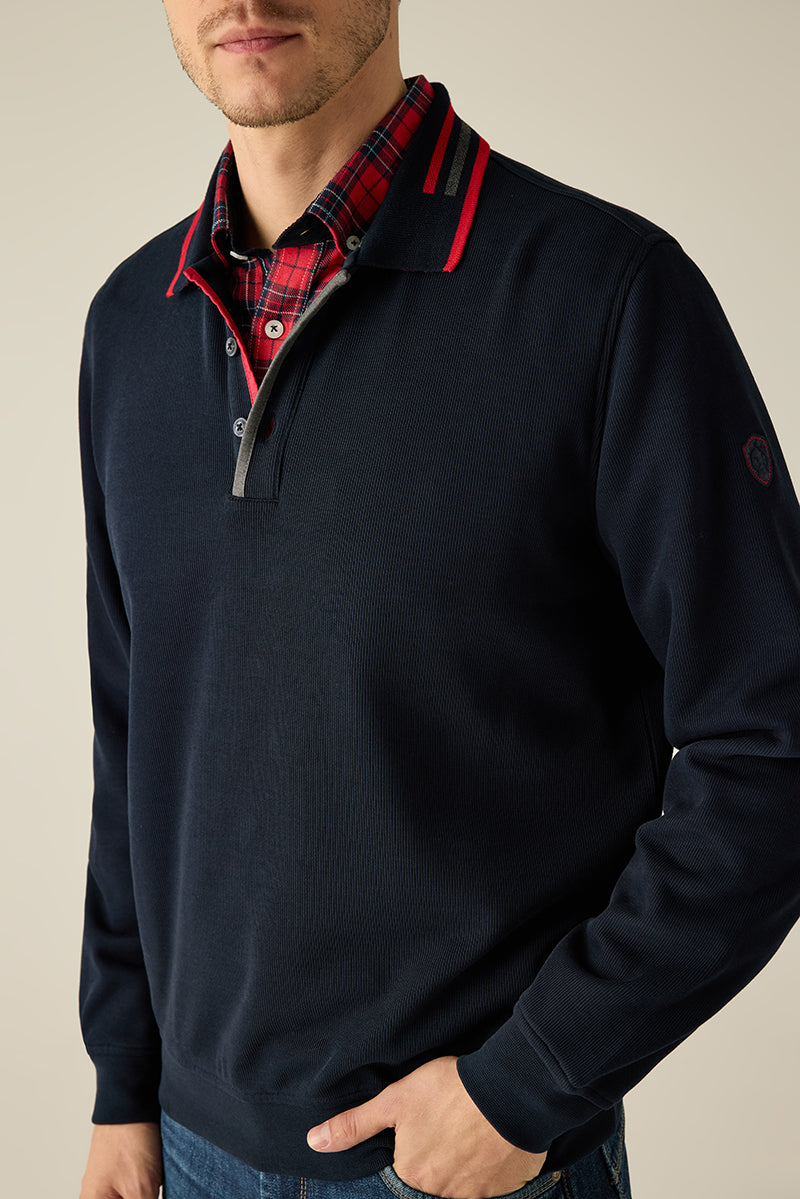 Interlock-Selanik-Sweatshirt mit Strick-Polokragen, Kontraststreifen & Piping-Knopfleiste